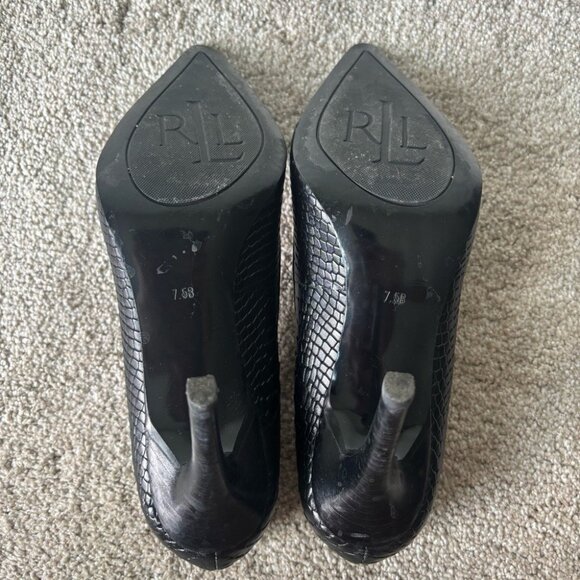 Lauren Ralph Lauren Black Snake Skin Embossed Pump Heel Pointed Toe Classy - Picture 8 of 9